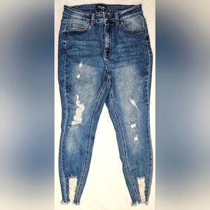 Medium Wash WAX Distressed Frayed Hem Skinny Jeans Size 14